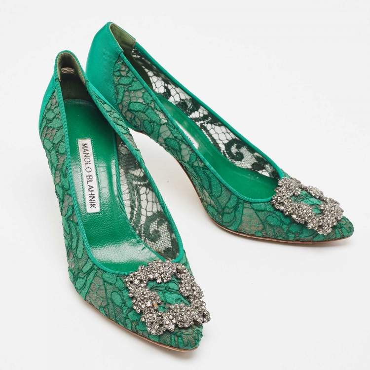 Pre Owned Manolo Blahnik Green Lace Hangisi Pumps Size 35.5