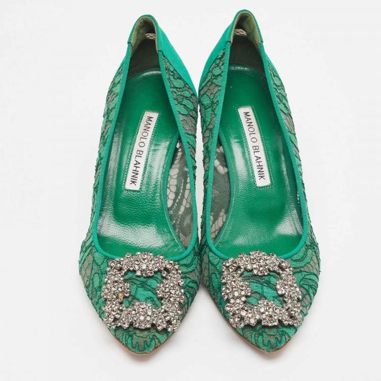 Pre Owned Manolo Blahnik Green Lace Hangisi Pumps Size 35.5