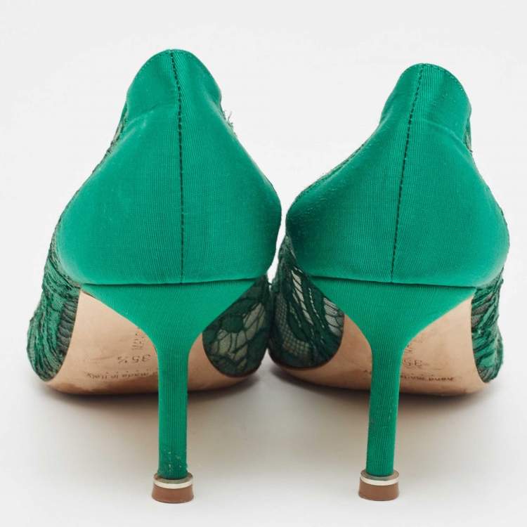 Pre Owned Manolo Blahnik Green Lace Hangisi Pumps Size 35.5
