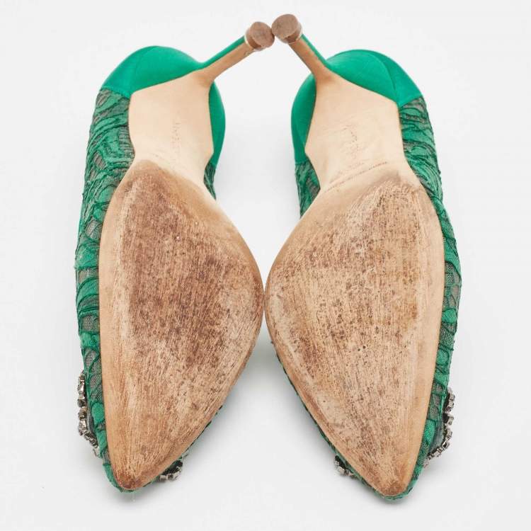 Pre Owned Manolo Blahnik Green Lace Hangisi Pumps Size 35.5