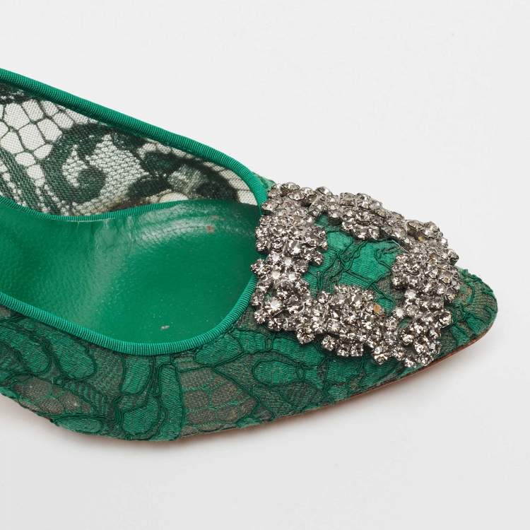 Pre Owned Manolo Blahnik Green Lace Hangisi Pumps Size 35.5