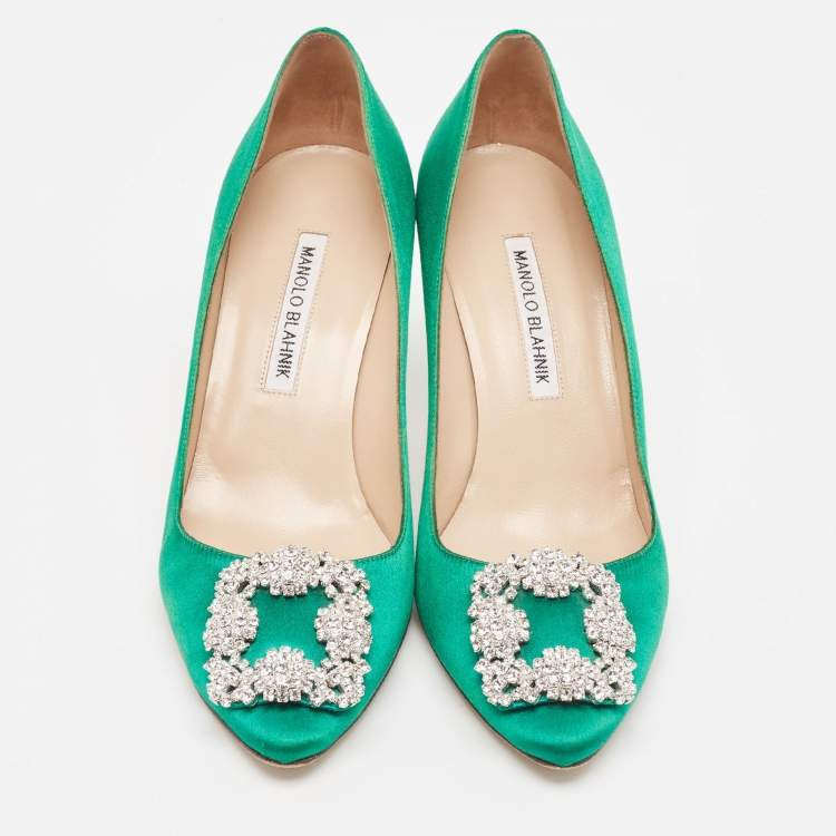 Pre Owned Manolo Blahnik Green Satin Hangisi Pumps Size 38