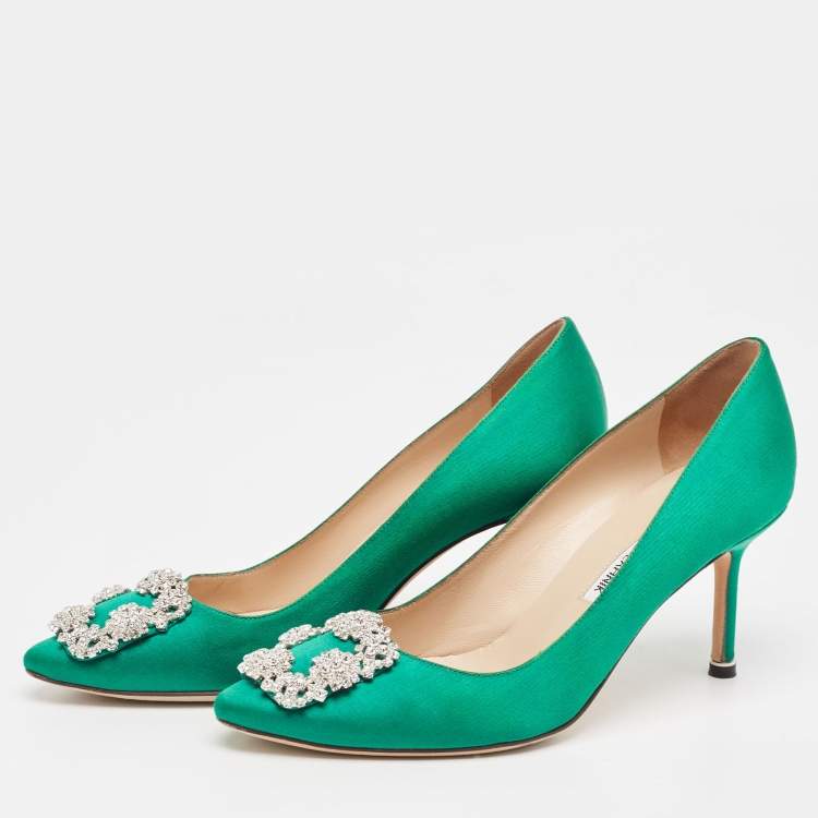 Pre Owned Manolo Blahnik Green Satin Hangisi Pumps Size 38