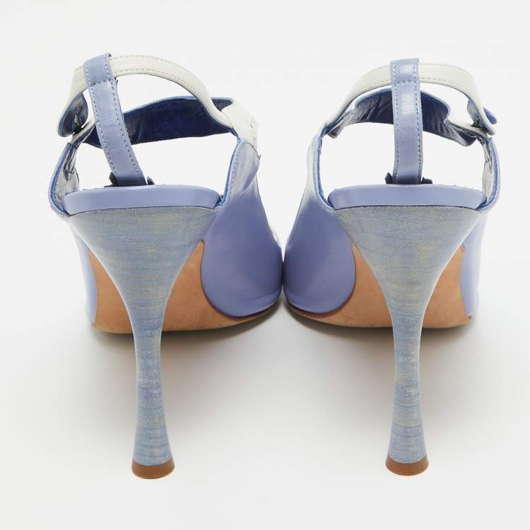 Pre Owned Manolo Blahnik Blue/White Leather Peep Toe Slingback Pumps Size 40  