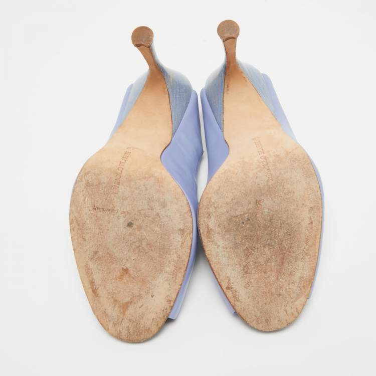 Pre Owned Manolo Blahnik Blue/White Leather Peep Toe Slingback Pumps Size 40  