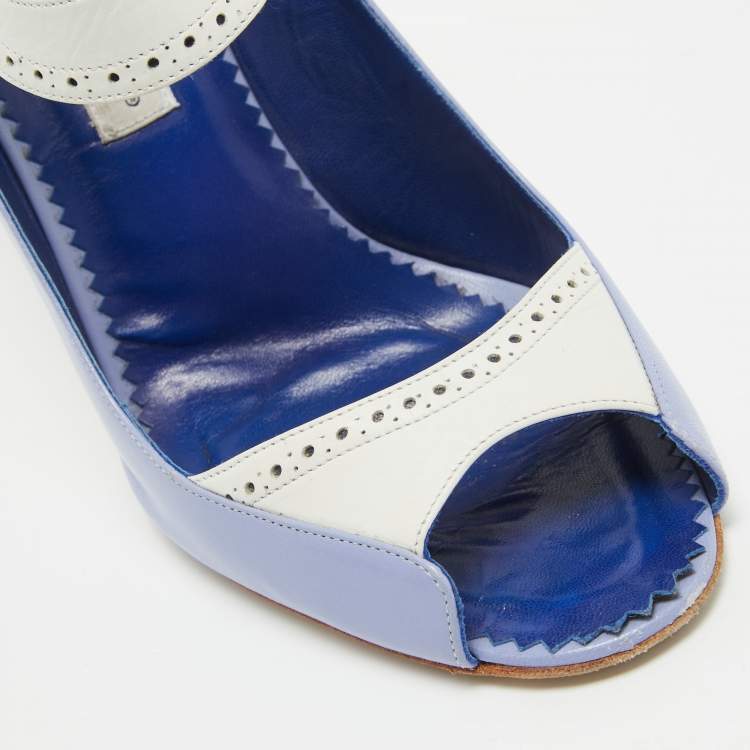 Pre Owned Manolo Blahnik Blue/White Leather Peep Toe Slingback Pumps Size 40  