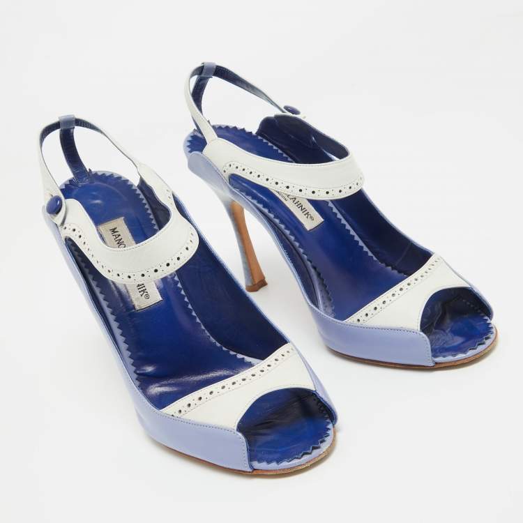 Pre Owned Manolo Blahnik Blue/White Leather Peep Toe Slingback Pumps Size 40  