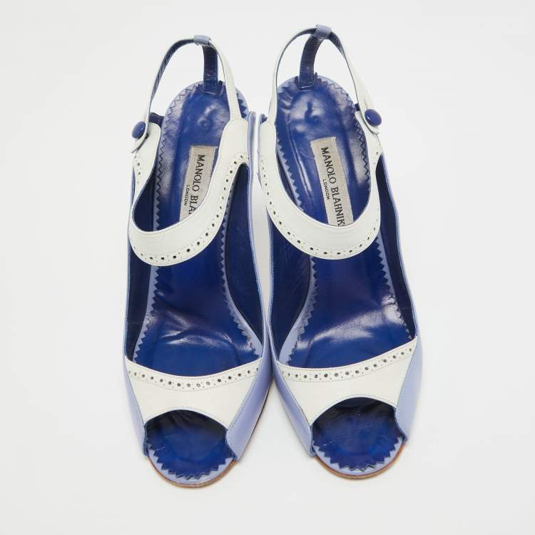 Pre Owned Manolo Blahnik Blue/White Leather Peep Toe Slingback Pumps Size 40  