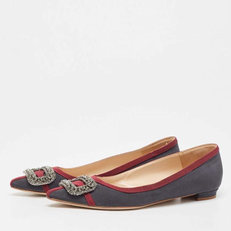 Pre Owned Manolo Blahnik Grey/Burgundy Fabric Gotrian Ballet Flats Size 37