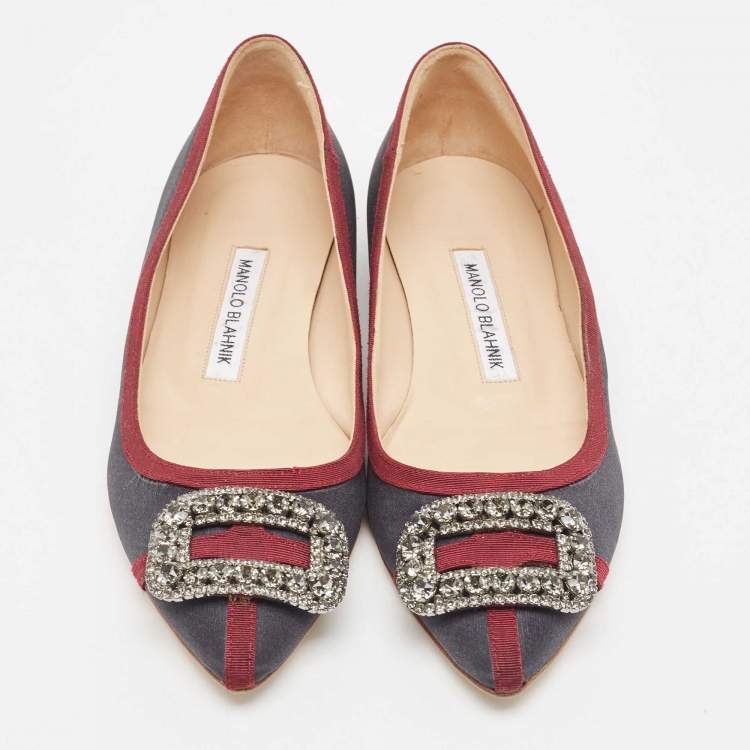 Pre Owned Manolo Blahnik Grey/Burgundy Fabric Gotrian Ballet Flats Size 37