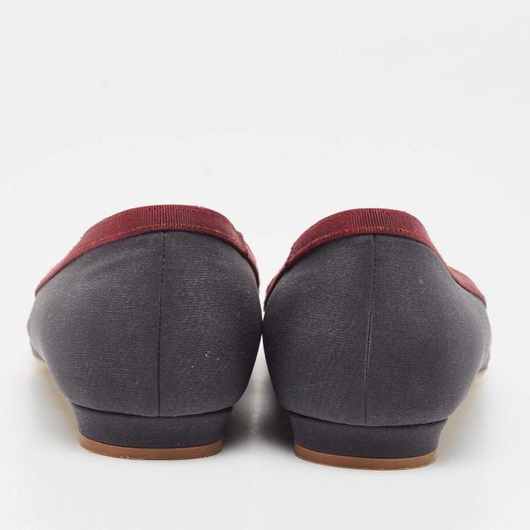 Pre Owned Manolo Blahnik Grey/Burgundy Fabric Gotrian Ballet Flats Size 37