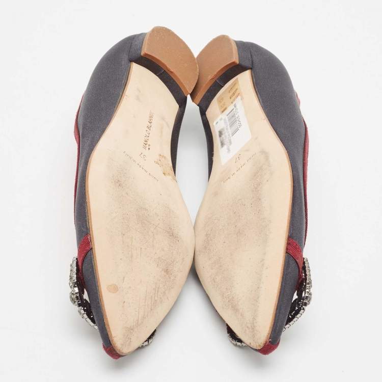 Pre Owned Manolo Blahnik Grey/Burgundy Fabric Gotrian Ballet Flats Size 37