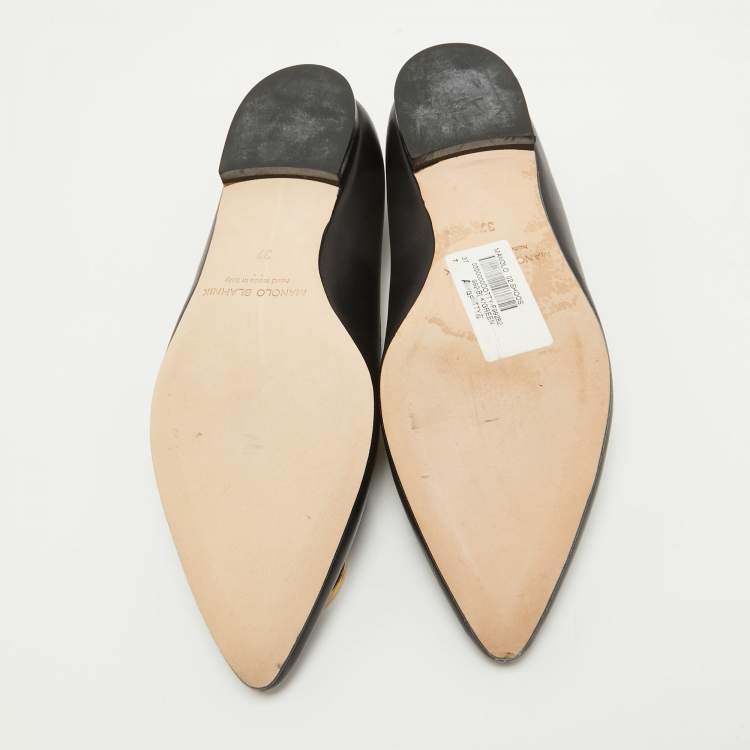 Pre Owned Manolo Blahnik Black Leather Pointed Toe Ballet Flats Size 37