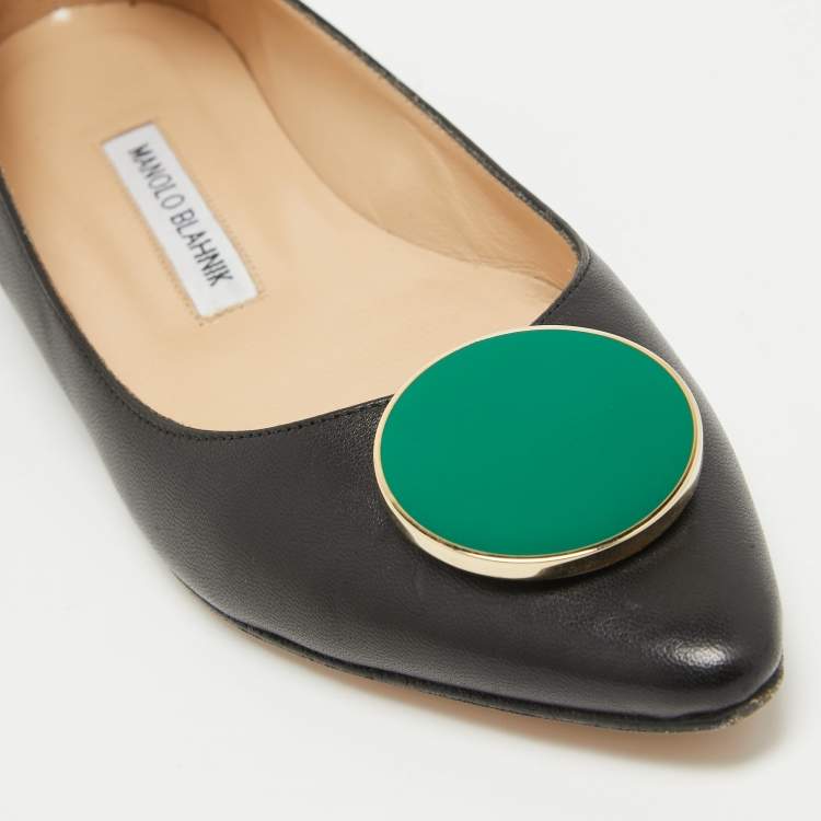 Pre Owned Manolo Blahnik Black Leather Pointed Toe Ballet Flats Size 37