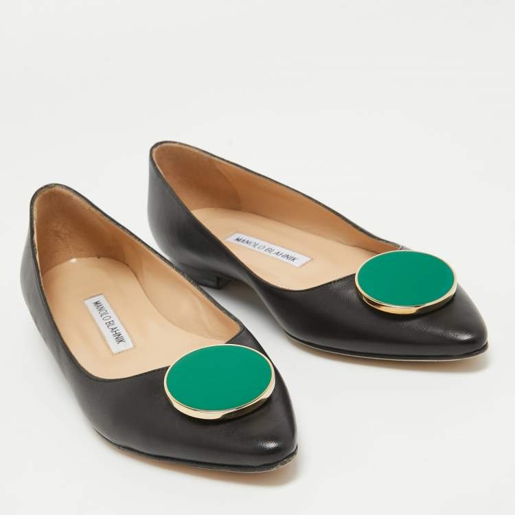 Pre Owned Manolo Blahnik Black Leather Pointed Toe Ballet Flats Size 37