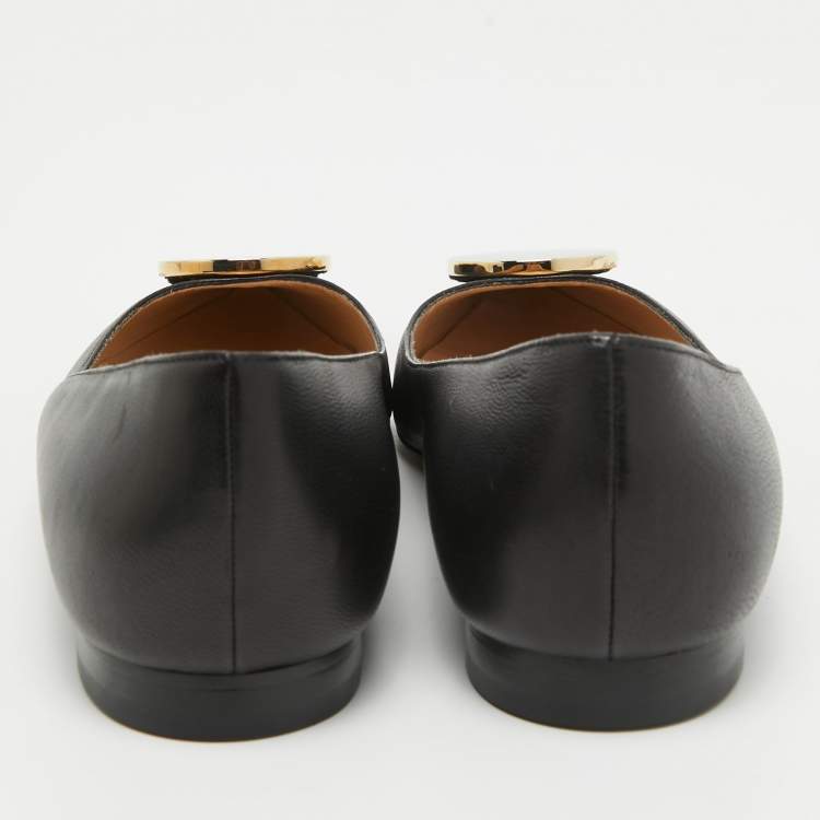 Pre Owned Manolo Blahnik Black Leather Pointed Toe Ballet Flats Size 37