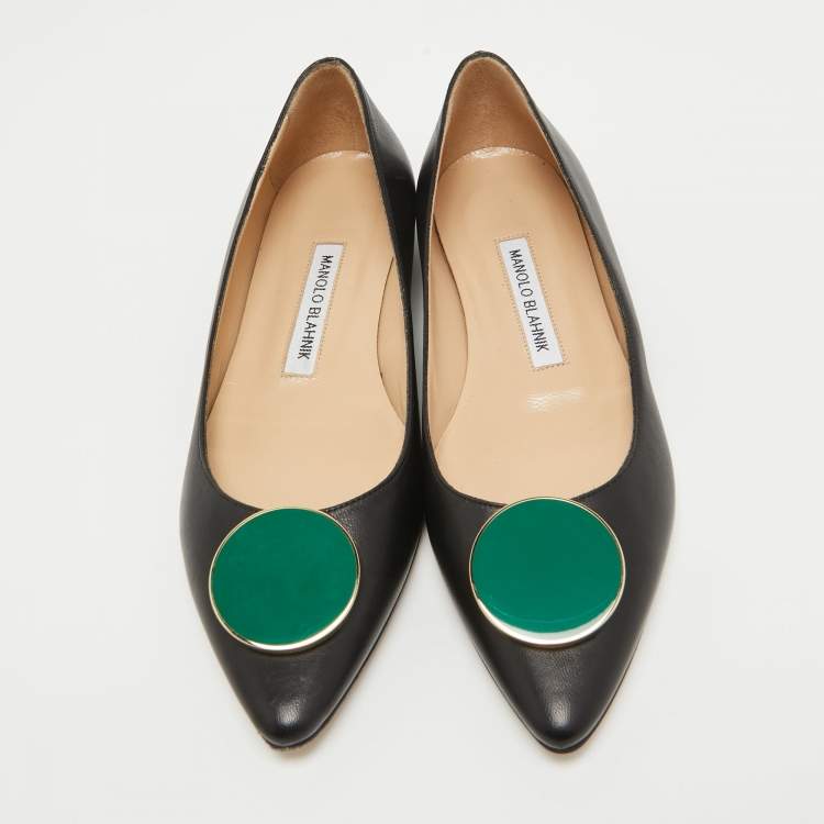 Pre Owned Manolo Blahnik Black Leather Pointed Toe Ballet Flats Size 37