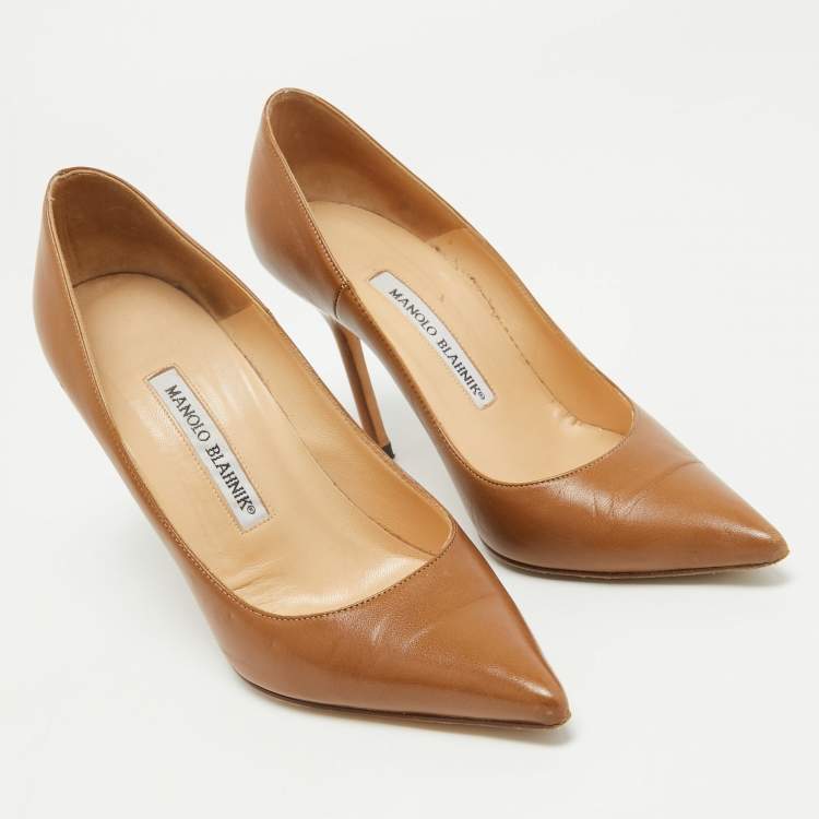 Pre Owned Manolo Blahnik Brown Leather BB Pointed Toe Pumps Size 36.5