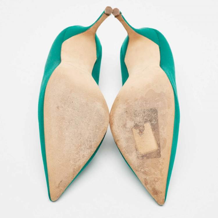 Pre Owned Manolo Blahnik Green Satin Brooch Crystal Embellished Pumps Size 38   