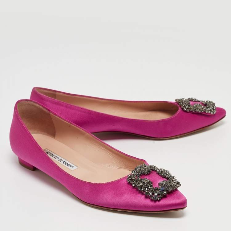 Pre Owned Manolo Blahnik Pink Satin Hangisi Ballet Flats Size 38.5
