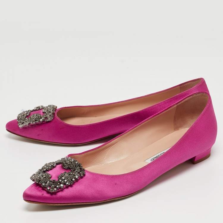 Pre Owned Manolo Blahnik Pink Satin Hangisi Ballet Flats Size 38.5