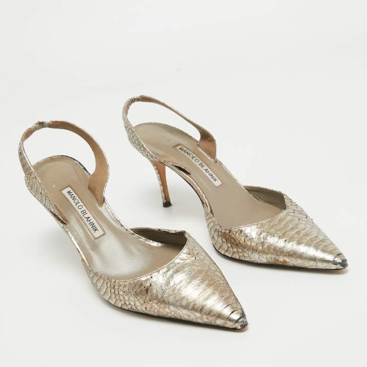Pre Owned Manolo Blahnik Metallic Embossed Python Carolyne Slingback Pumps Size 40