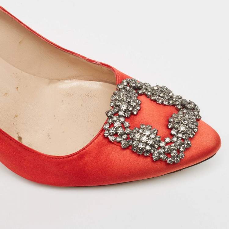 Pre Owned Manolo Blahnik Red Satin Hangisi Pumps Size 37