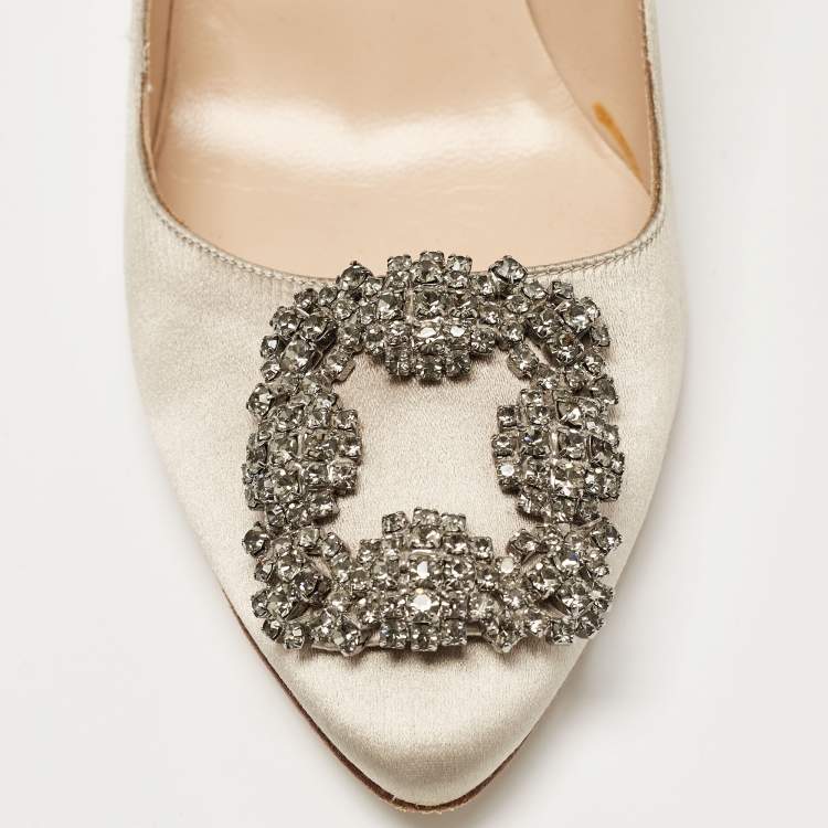 Pre Owned Manolo Blahnik Grey Satin Hangisi Pumps Size 39