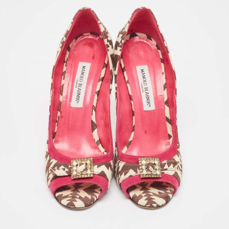 Pre Owned Manolo Blahnik Tricolor Printed Canvas and Suede Embellished Buckle Peep Toe Pumps Size 40.5