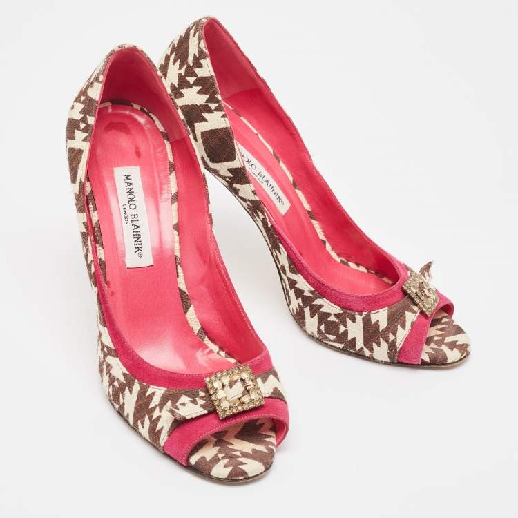 Pre Owned Manolo Blahnik Tricolor Printed Canvas and Suede Embellished Buckle Peep Toe Pumps Size 40.5
