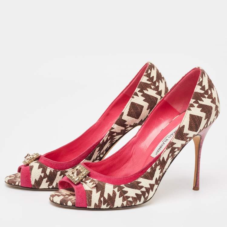 Pre Owned Manolo Blahnik Tricolor Printed Canvas and Suede Embellished Buckle Peep Toe Pumps Size 40.5
