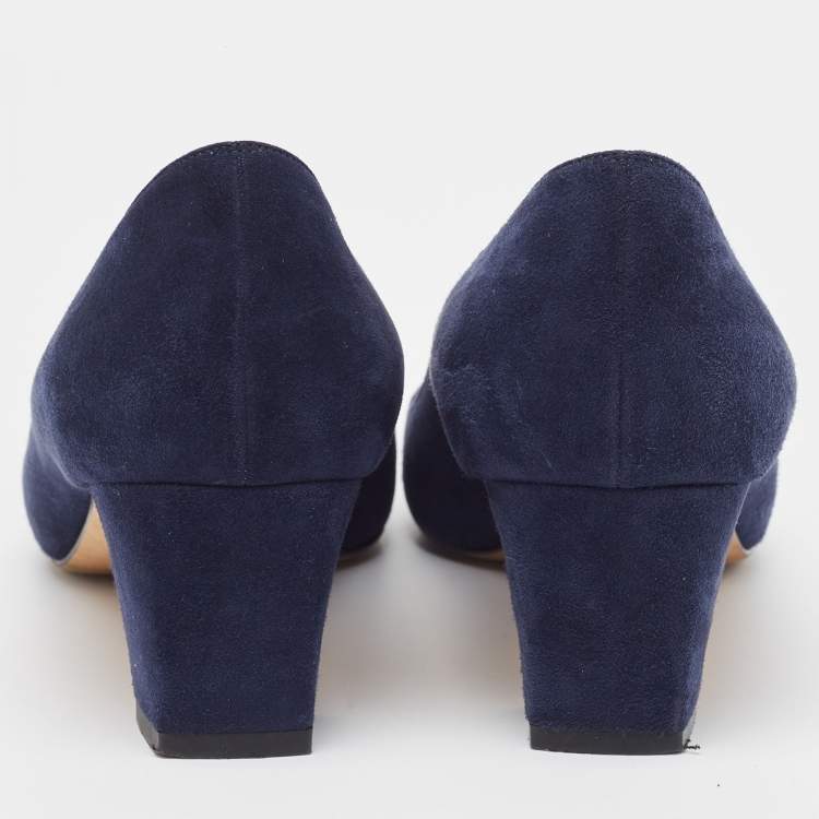 Pre Owned Manolo Blahnik Navy Blue Suede Block Heel Pumps Size 38