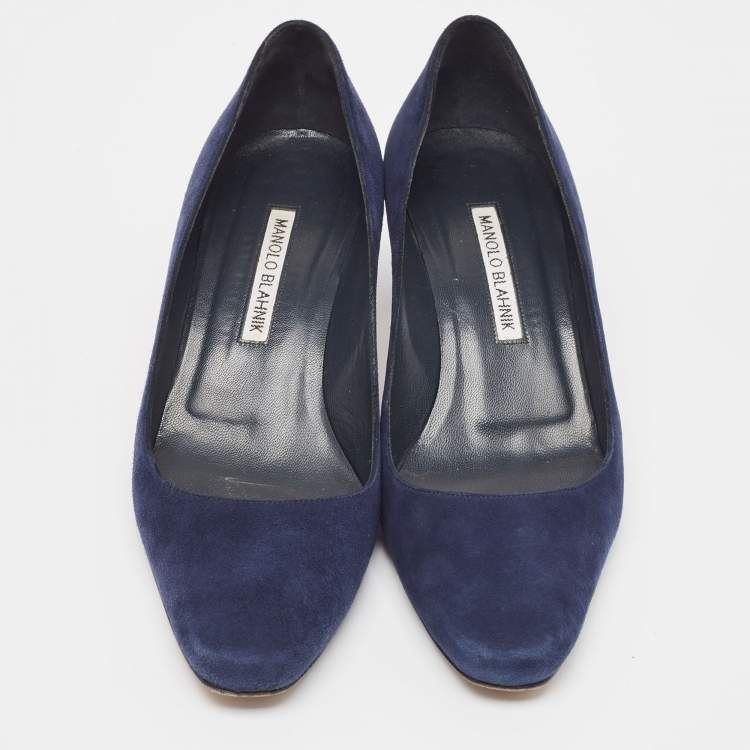 Pre Owned Manolo Blahnik Navy Blue Suede Block Heel Pumps Size 38