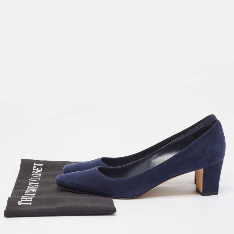 Pre Owned Manolo Blahnik Navy Blue Suede Block Heel Pumps Size 38