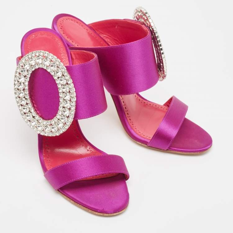 Pre Owned Manolo Blahnik Purple Satin Fibiona Slide Sandals Size 36.5