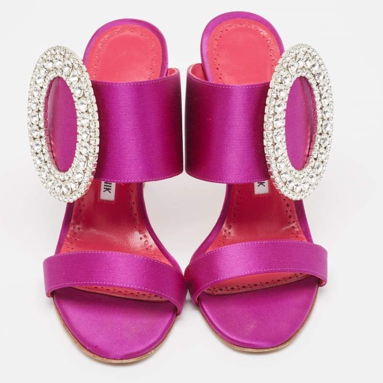 Pre Owned Manolo Blahnik Purple Satin Fibiona Slide Sandals Size 36.5
