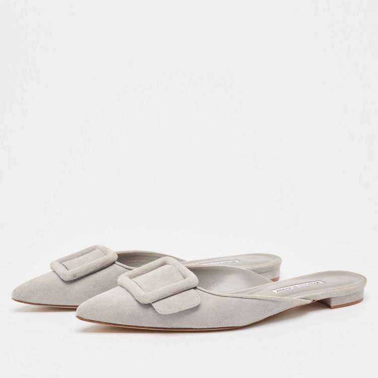 Pre Owned Manolo Blahnik Grey Suede Maysale Mules Size 39.5 