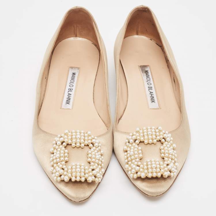 Pre Owned Manolo Blahnik Beige Satin Hangisi Ballet Flats Size 36