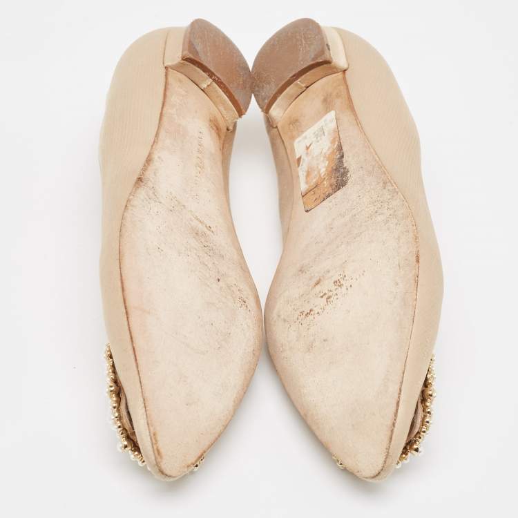 Pre Owned Manolo Blahnik Beige Satin Hangisi Ballet Flats Size 36