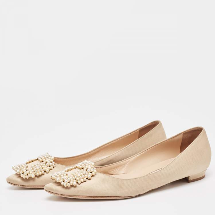Pre Owned Manolo Blahnik Beige Satin Hangisi Ballet Flats Size 36