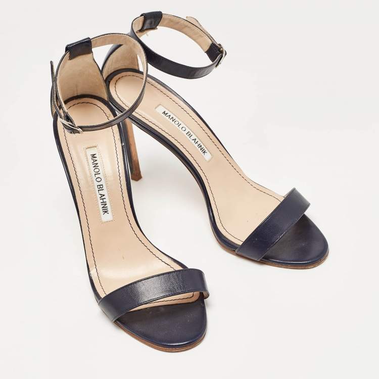 Pre Owned Manolo Blahnik Navy Blue Leather Chaos Ankle Strap Sandals Size 37.5
