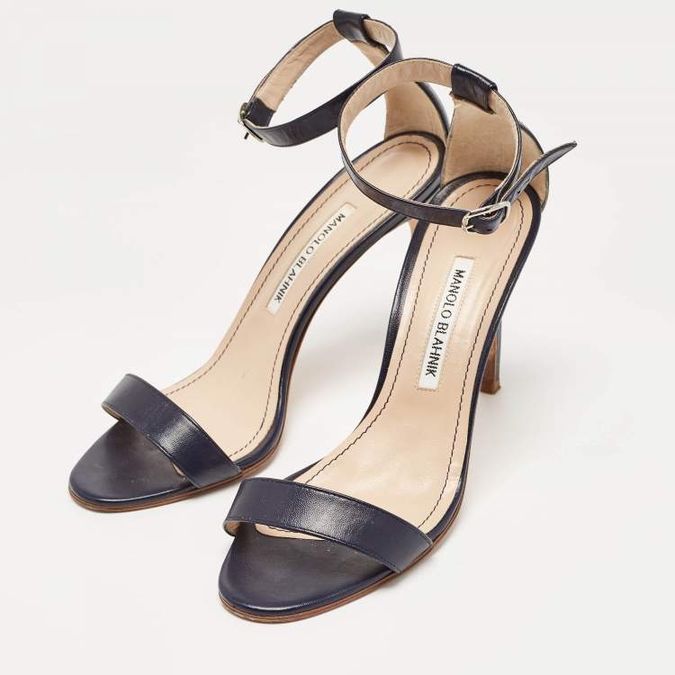 Pre Owned Manolo Blahnik Navy Blue Leather Chaos Ankle Strap Sandals Size 37.5