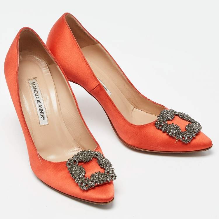 Pre Owned Manolo Blahnik Orange Satin Hangisi Pumps Size 37