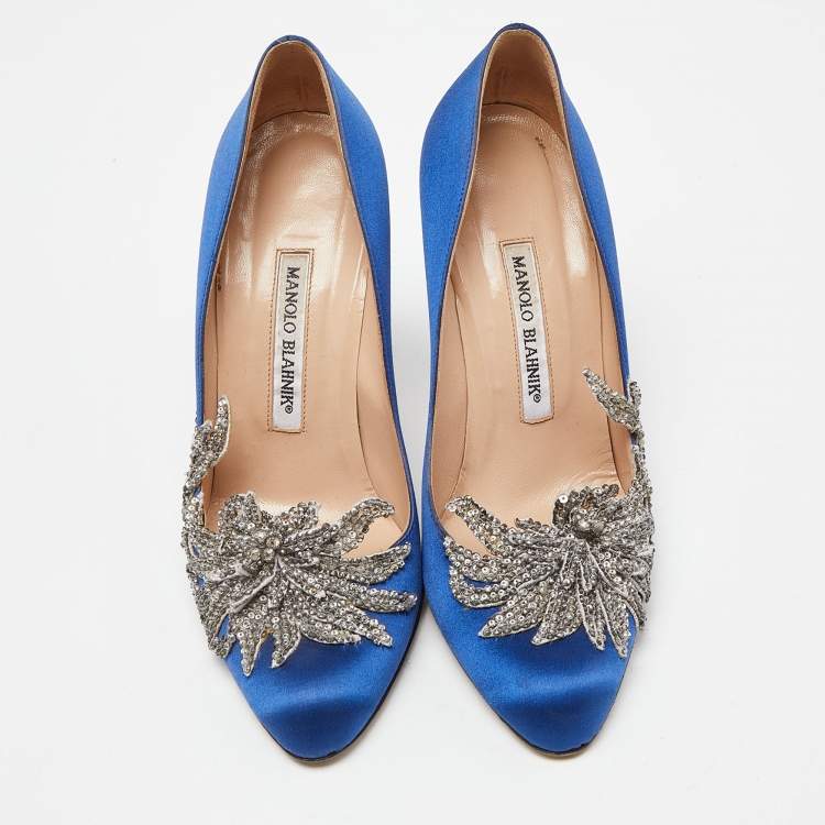 Pre Owned Manolo Blahnik Blue Satin Embellished Swan Pumps Size 37