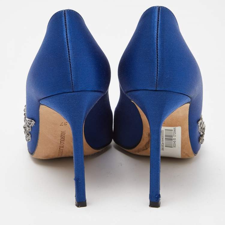 Pre Owned Manolo Blahnik Blue Satin Embellished Swan Pumps Size 37