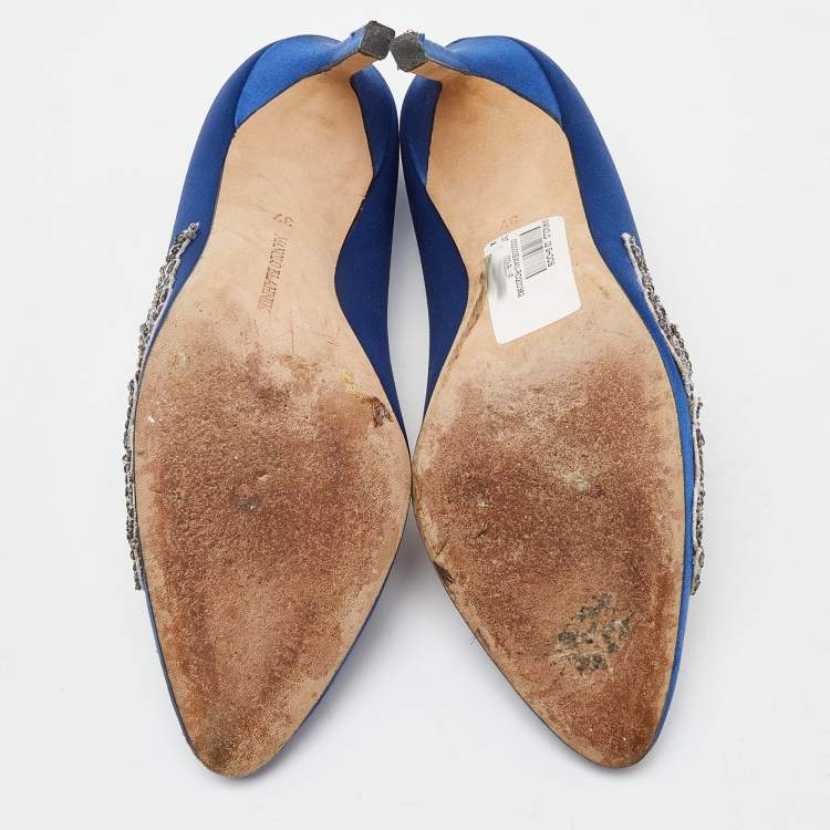 Pre Owned Manolo Blahnik Blue Satin Embellished Swan Pumps Size 37