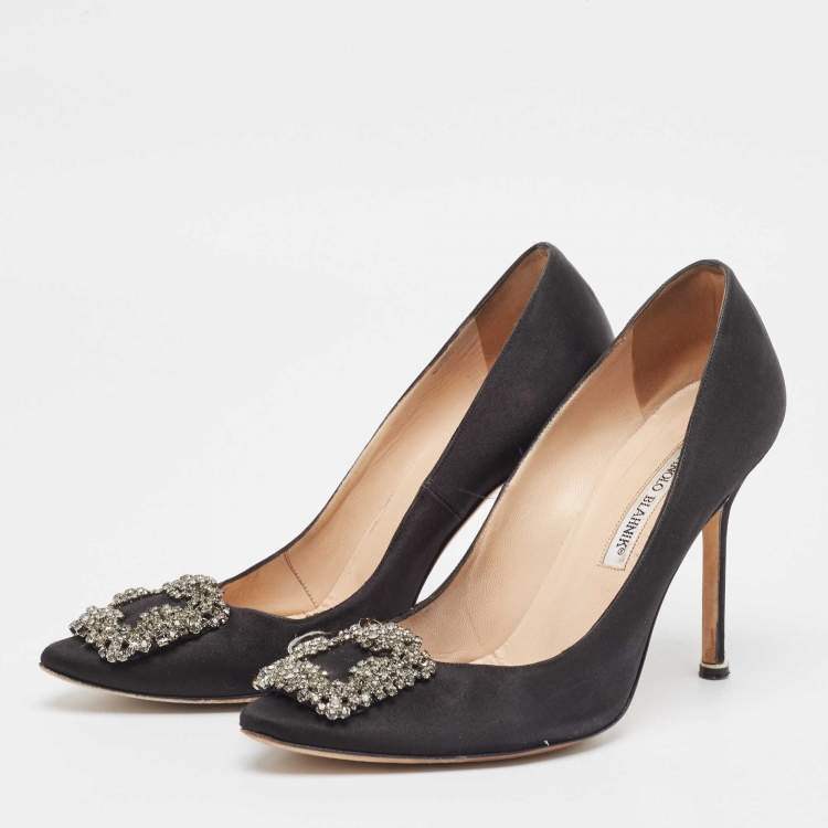 Pre Owned Manolo Blahnik Black Satin Hangisi Pumps Size 38.5