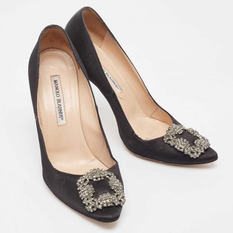 Pre Owned Manolo Blahnik Black Satin Hangisi Pumps Size 38.5