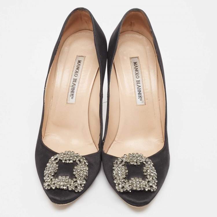 Pre Owned Manolo Blahnik Black Satin Hangisi Pumps Size 38.5