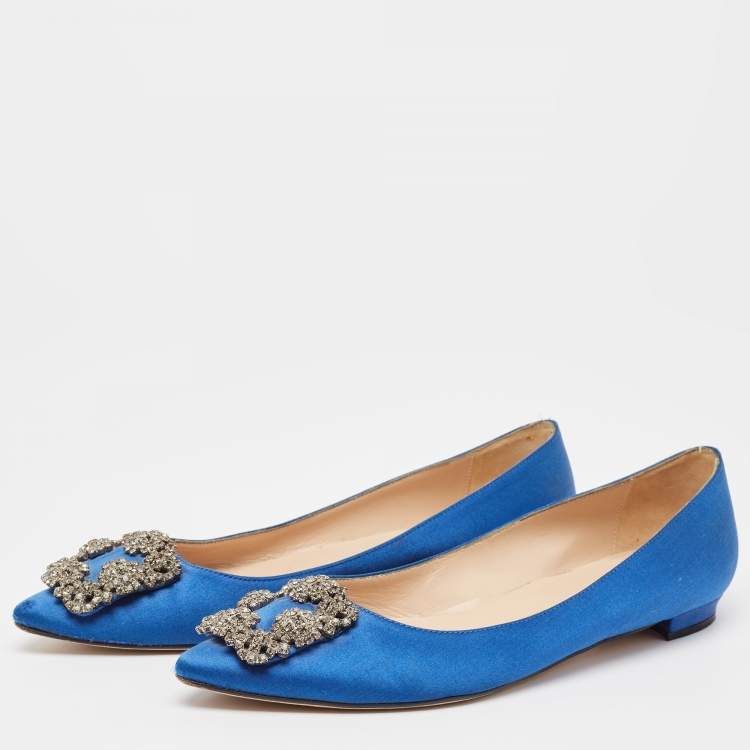 Pre Owned Manolo Blahnik Blue Satin Hangisi  Flats Size 37 